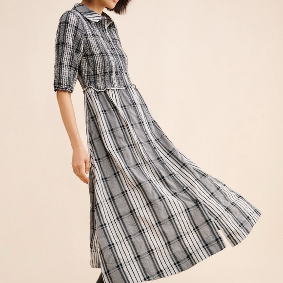 Maeve Black & White plaid smocked & collared dress - petite large - Picture 4 of 7